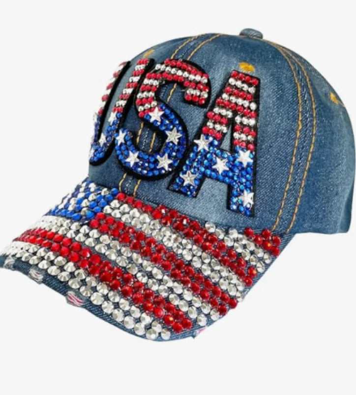 Unisex American Flag Baseball Cap, Denim Distressed Rhinestone Cap