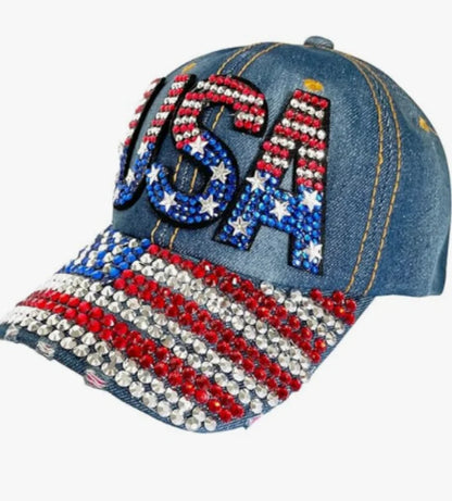 Unisex American Flag Baseball Cap, Denim Distressed Rhinestone Cap