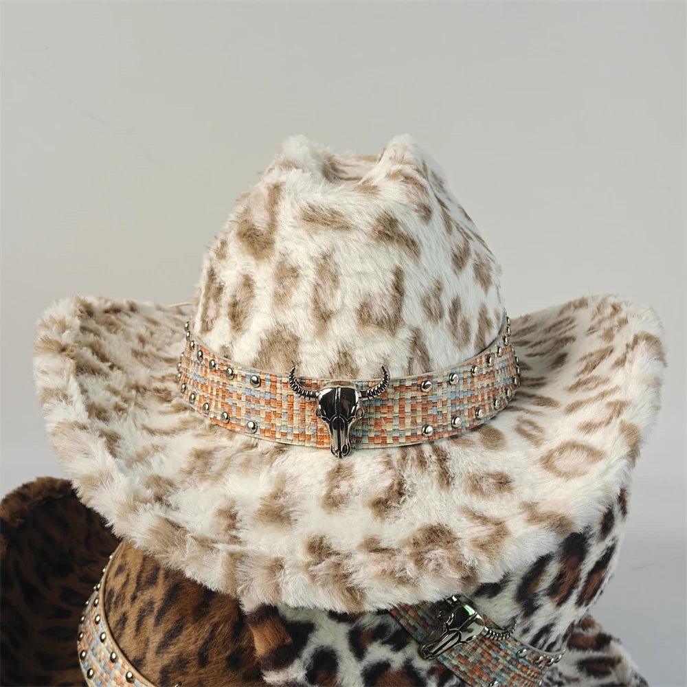 Leopard Print Rabbit Fur Western Cowboy Fedora Hat