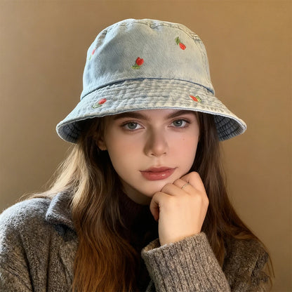 Emboridery Denim Bucket Hat Summer Travel Beach Sun Hats  for Women Men