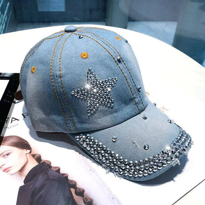 Women Punk Shiny Rhinestone Denim Baseball Cap