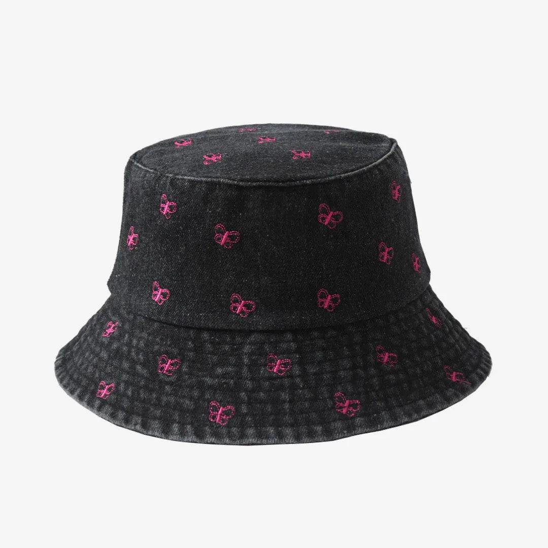 Emboridery Denim Bucket Hat Summer Travel Beach Sun Hats  for Women Men