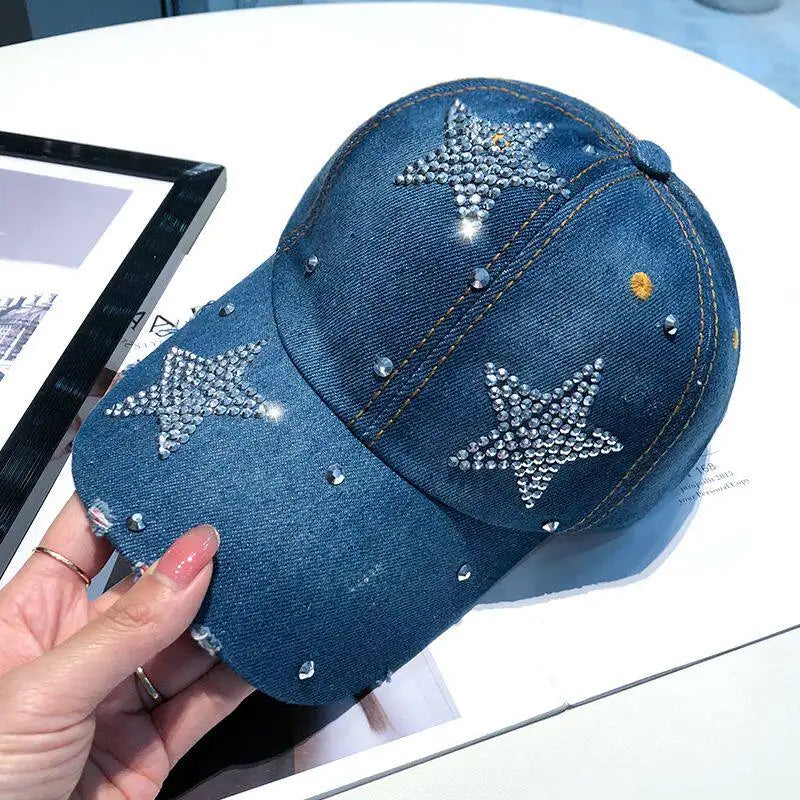 Women Punk Shiny Rhinestone Denim Baseball Cap