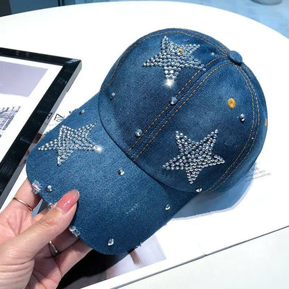 Women Punk Shiny Rhinestone Denim Baseball Cap