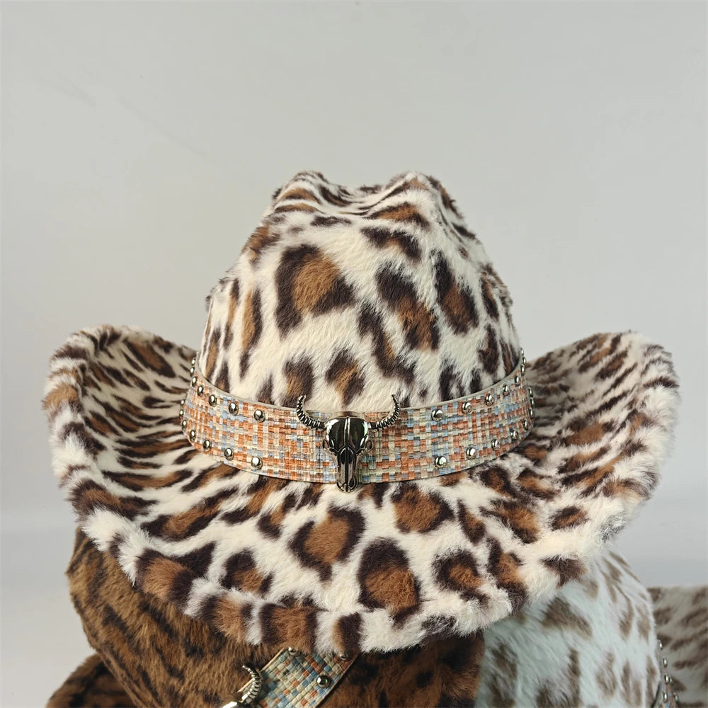 Leopard Print Rabbit Fur Western Cowboy Fedora Hat