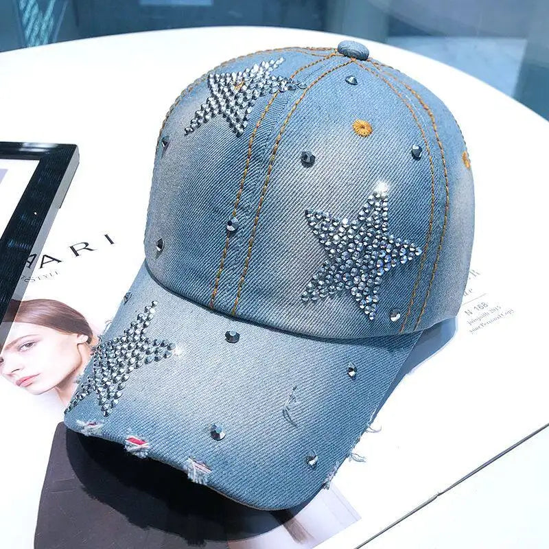 Women Punk Shiny Rhinestone Denim Baseball Cap