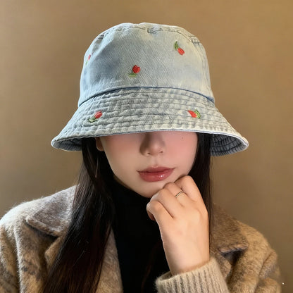 Emboridery Denim Bucket Hat Summer Travel Beach Sun Hats  for Women Men