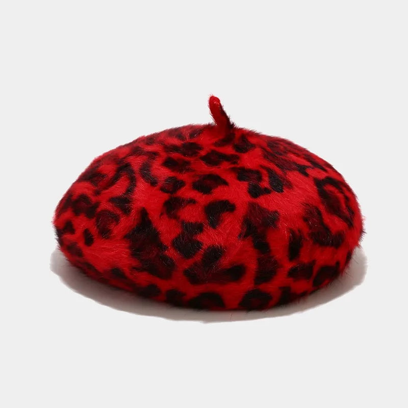 Autumn Winter Leopard Print Warm Rabbit Fur Octagonal Hats For Women