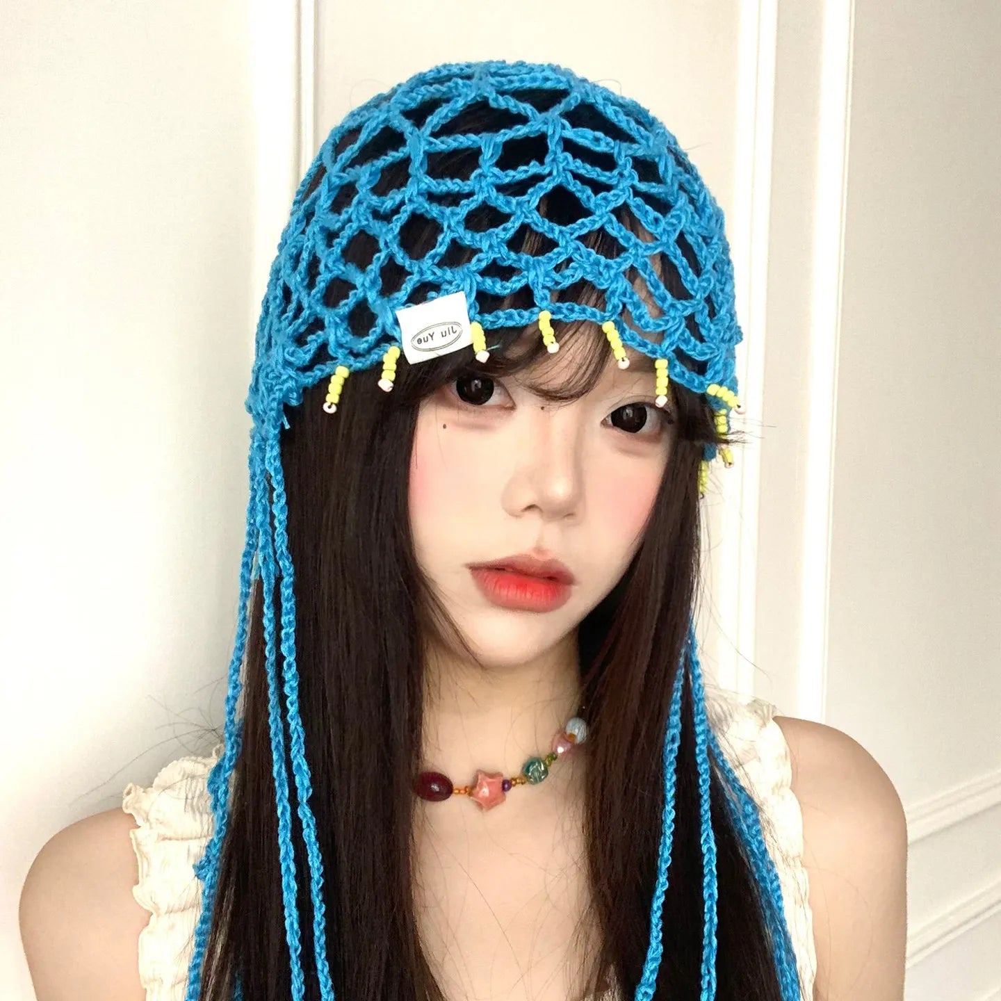 Tassel Hollow Jacquard Knitted Nylon Baotou Hat Women's