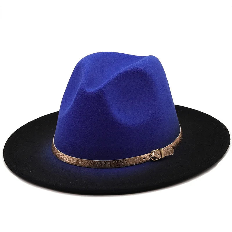 Women Patchwork Wide Brim Gradient Gold Belt Church Derby Top Hat