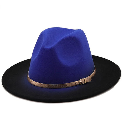 Women Patchwork Wide Brim Gradient Gold Belt Church Derby Top Hat