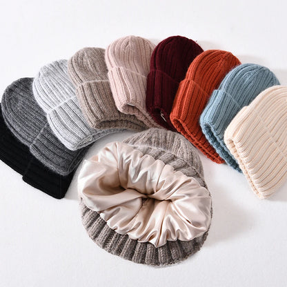 Winter Silk Satin Lined Beanie Hats Women Men Unisex Thick Chunky Cap