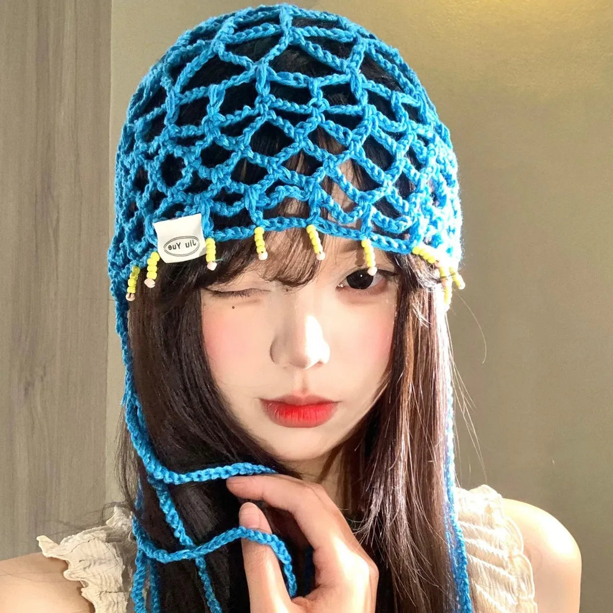 Tassel Hollow Jacquard Knitted Nylon Baotou Hat Women's