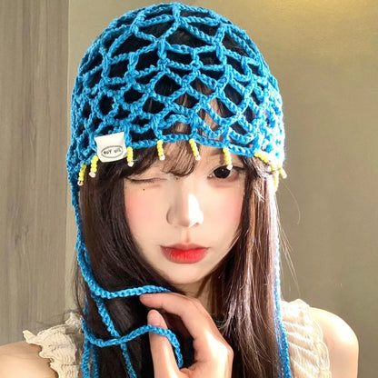 Tassel Hollow Jacquard Knitted Nylon Baotou Hat Women's