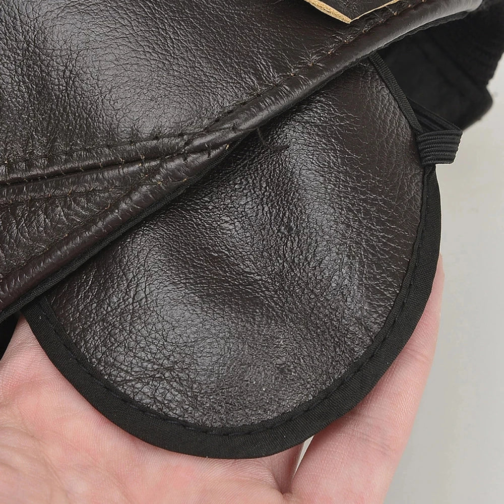 Brand Men Casual Real Leather Earflap Cap Men Real Cowhide Leather Caps