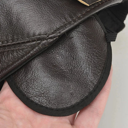 Brand Men Casual Real Leather Earflap Cap Men Real Cowhide Leather Caps
