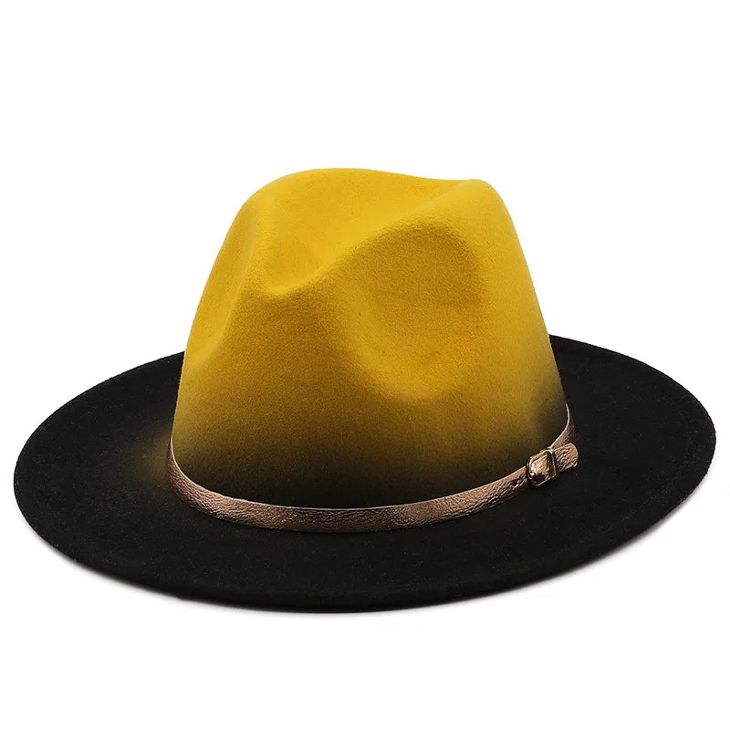 Women Patchwork Wide Brim Gradient Gold Belt Church Derby Top Hat