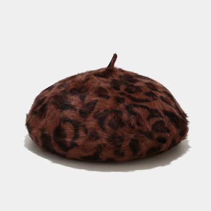 Autumn Winter Leopard Print Warm Rabbit Fur Octagonal Hats For Women