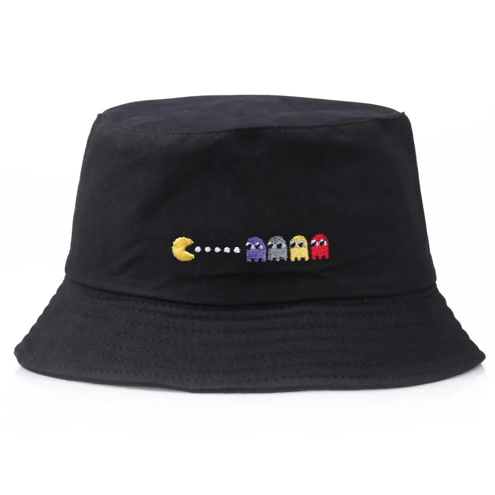 Korean Anime Cartoon Embroidered Basin Hat Eat Peas Fisherman Hat Sun Hat Wholesale Fishing Bucket Hat