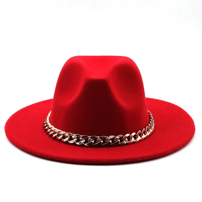Simole Fedora Hats Women Men Wide Brim Thick Gold Chain Band Felted Hats