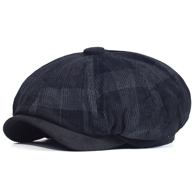 Autumn Winter Plaid Thick Newsboy Hat Corduroy Beret