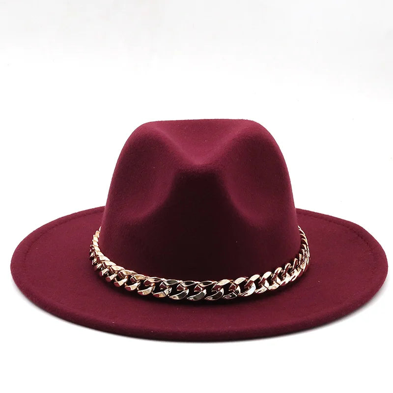 Simole Fedora Hats Women Men Wide Brim Thick Gold Chain Band Felted Hats