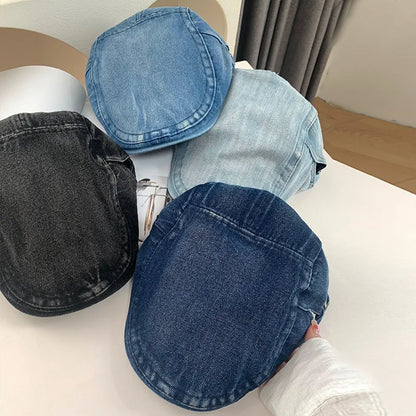 Retro Washed Denim Beret Medium Blue Breathable