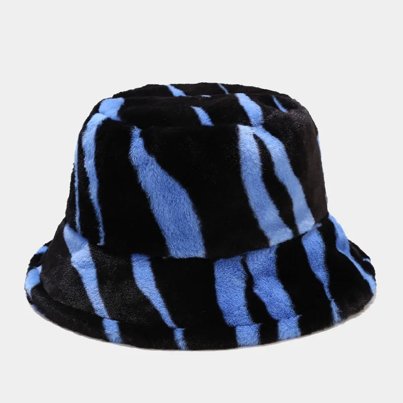 Winter Zebra Pattern Faux Fur Fluffy Bucket Hats Women