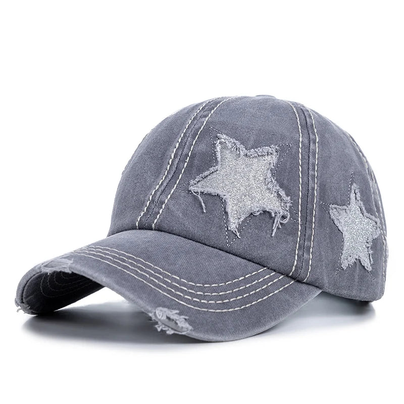 Fashion Women Ponytail Cap Sequins Fitve-Star Hole Design Baseball Cap Female