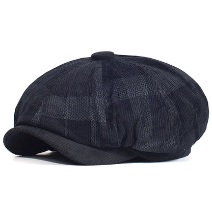 Autumn Winter Plaid Thick Newsboy Hat Corduroy Beret
