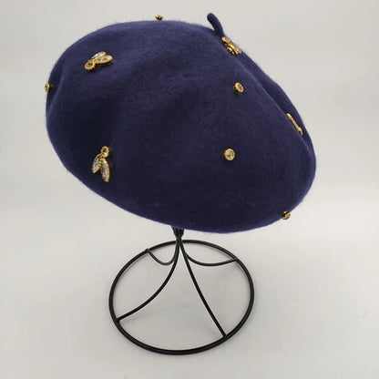 Winter Wool Beret With Crystal Bee Female Wool Cap
