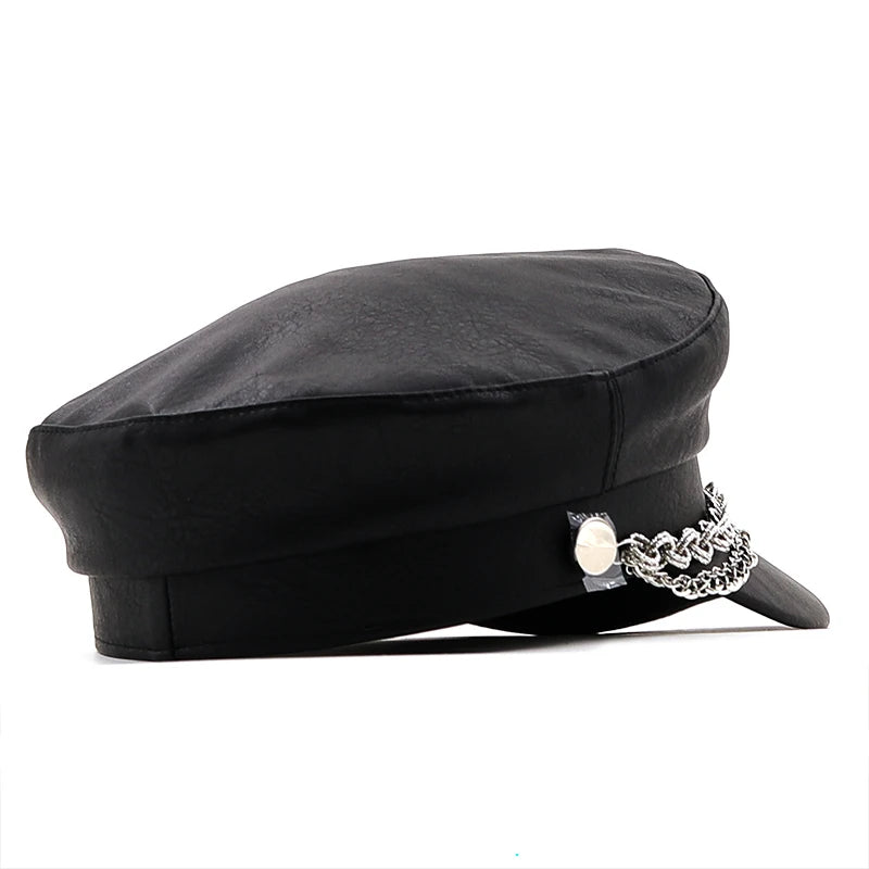 Women Ladies Autumn Winter Beret Hat PU Leather