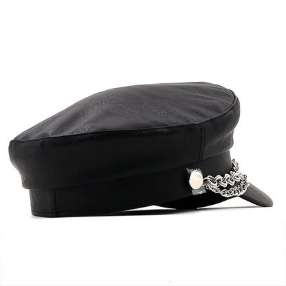 Women Ladies Autumn Winter Beret Hat PU Leather