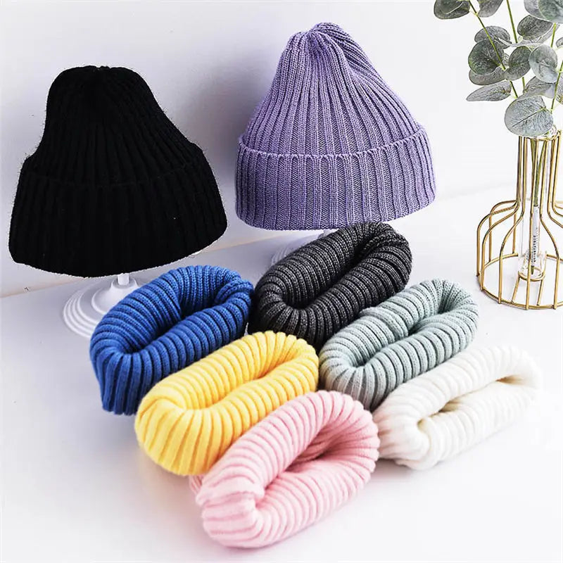 Baby Kids Ribbed Knitted Beanie Hats For Girls Boys