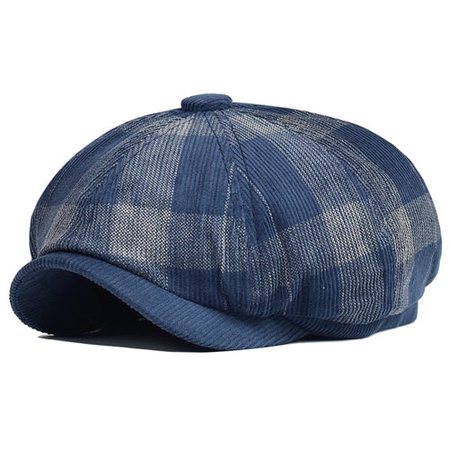 Autumn Winter Plaid Thick Newsboy Hat Corduroy Beret