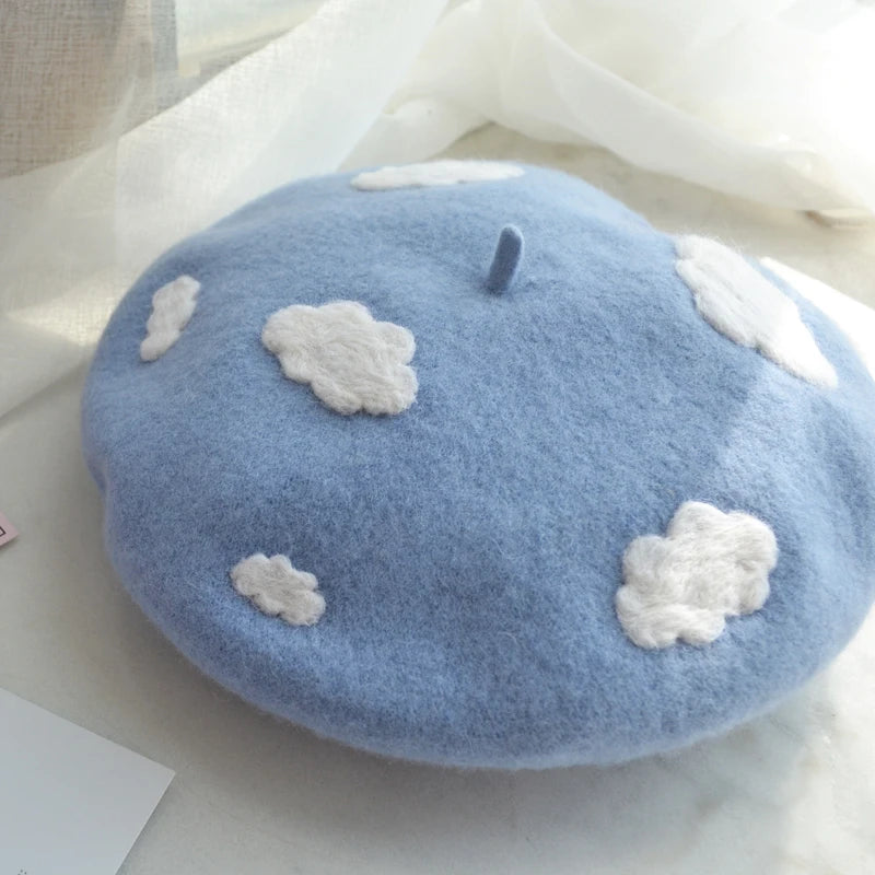 Women Handmade Beret Hat Female Hat Autumn Wool Felt Cloud Painter Cap