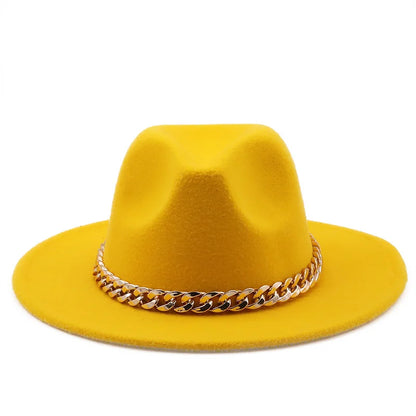 Simole Fedora Hats Women Men Wide Brim Thick Gold Chain Band Felted Hats