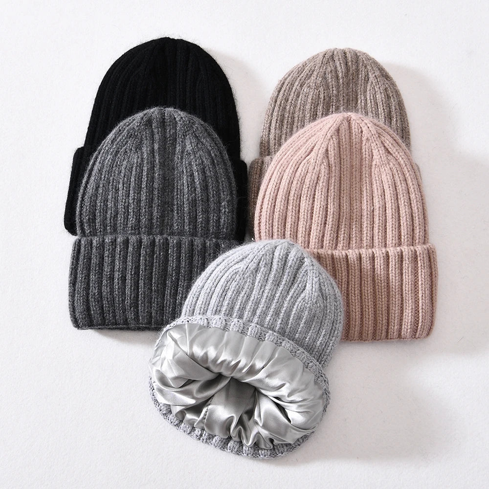 Winter Silk Satin Lined Beanie Hats Women Men Unisex Thick Chunky Cap