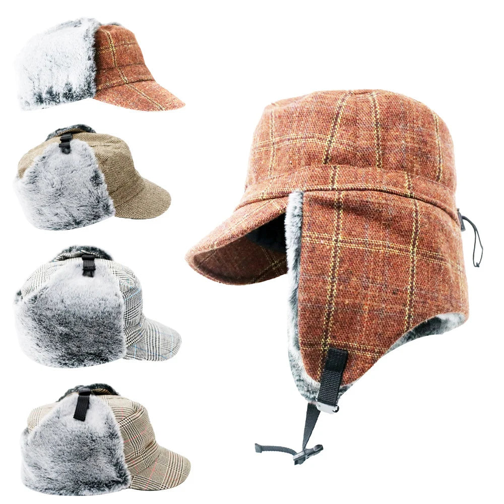Retro Plaided Winter Trapper Hat Warm Aviator Cap
