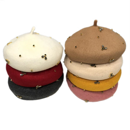 Winter Wool Beret With Crystal Bee Female Wool Cap