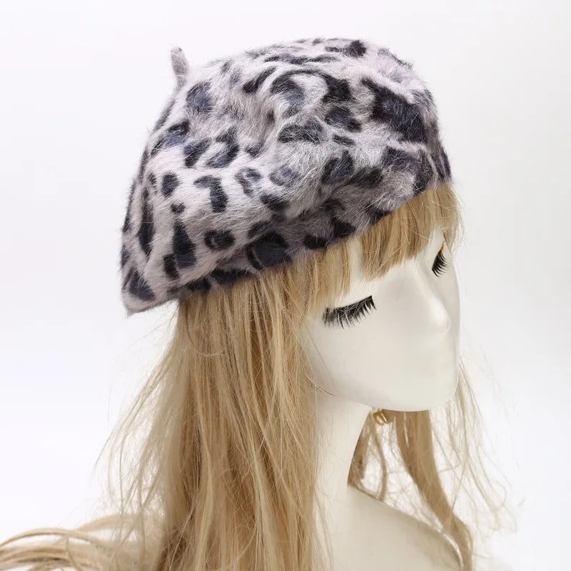 Autumn Winter Leopard Print Warm Rabbit Fur Octagonal Hats For Women