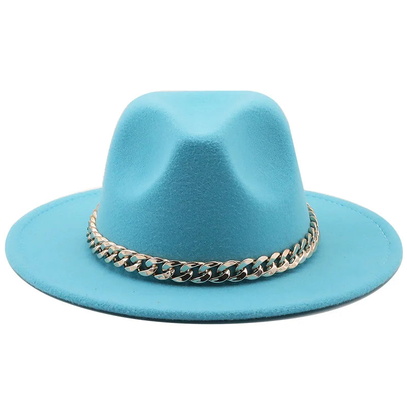 Simole Fedora Hats Women Men Wide Brim Thick Gold Chain Band Felted Hats