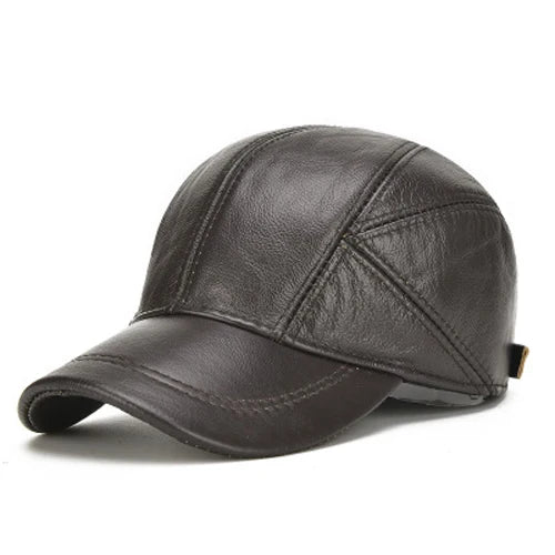 Brand Men Casual Real Leather Earflap Cap Men Real Cowhide Leather Caps