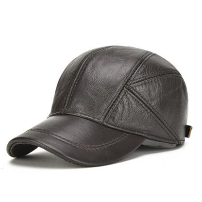Brand Men Casual Real Leather Earflap Cap Men Real Cowhide Leather Caps