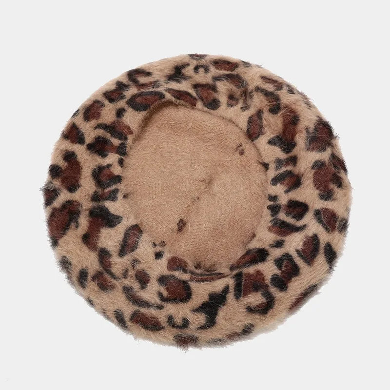 Autumn Winter Leopard Print Warm Rabbit Fur Octagonal Hats For Women