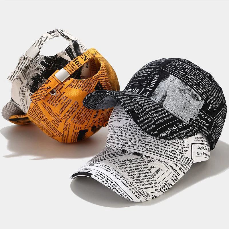 Yellow Newspaper Print Baseball Caps