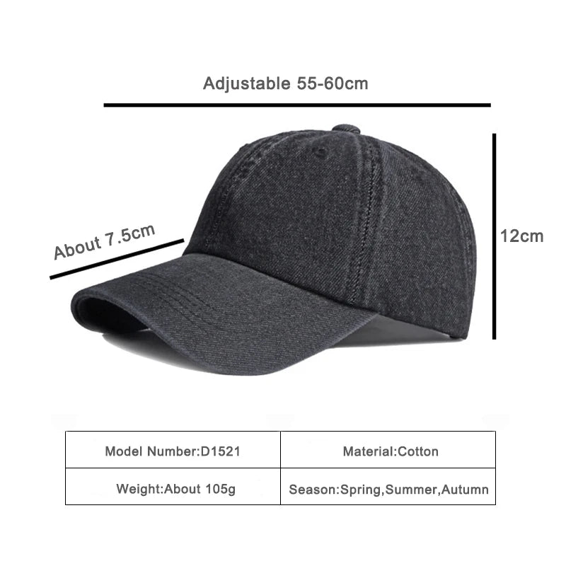 Casual Washed Cotton Baseball Cap Men Solid Black Blue Denim Dad Hat