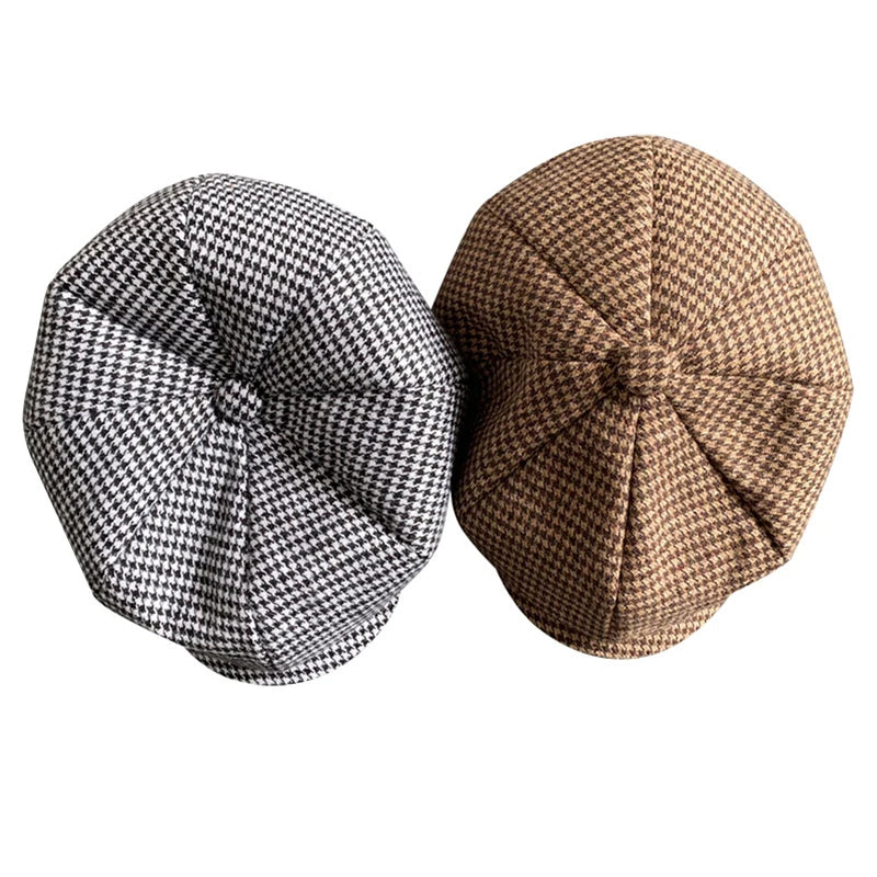 Retro Newsboy Cap Men Coffee Houndstooth Flat Caps