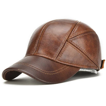 Brand Men Casual Real Leather Earflap Cap Men Real Cowhide Leather Caps