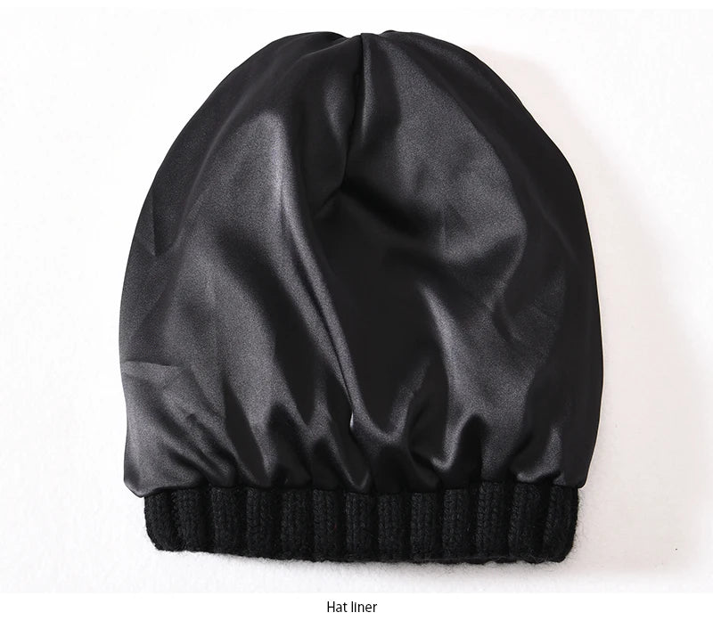 Winter Silk Satin Lined Beanie Hats Women Men Unisex Thick Chunky Cap